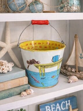 Vintage CURIOUS GEORGE Goes Fishing Metal Said Pail Bucket with Red Handle